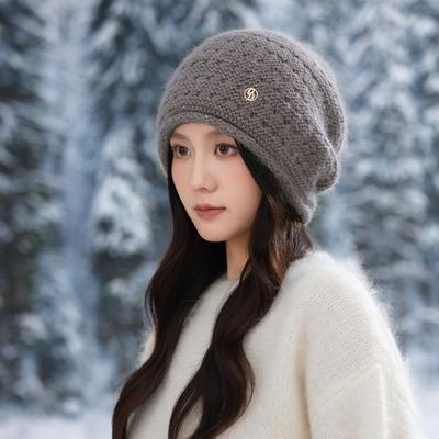 Hat Women's Autumn and Winter New Notes Round Mark Hollow Thick Piles of Hats Japanese Outdoor Cold Protection and Warm Hats Show Small Face