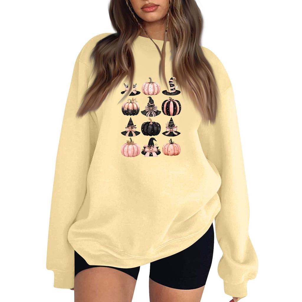 Women's Long Sleeve Neck Sweatshirt Loose Fit Casual Pullover Top with Small Halloween Print