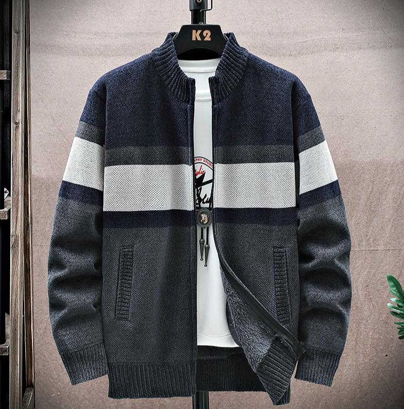 Men's Striped Zippered Cardigan Sweater - Thick Warm Color-Blocked Knitwear for Casual Fall Winter Wear