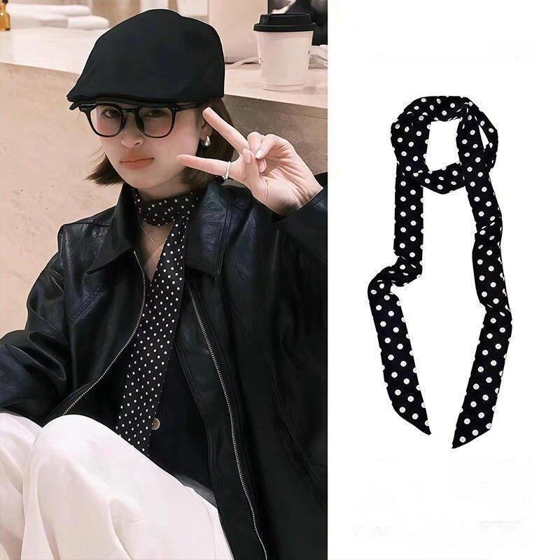 Polka Dot Floral Print Silk Scarf Thin Neck Scarf Hair Band Bag Ribbon For Women Vintage Daily Wear Accessory