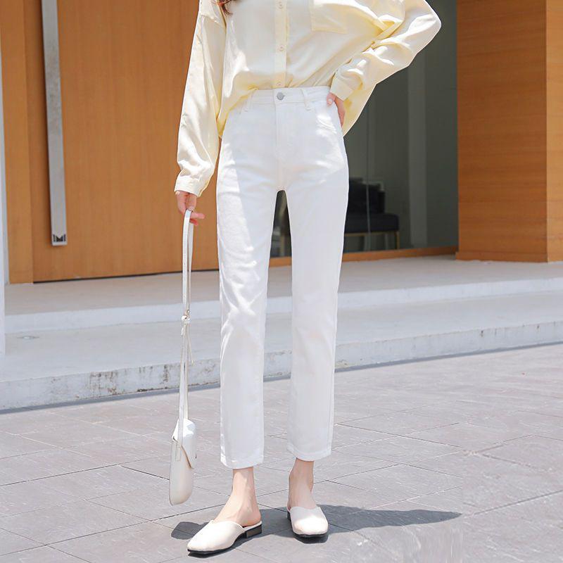 

Off-White High-Waisted Petite Cigarette Pants for Women - 2026 Spring Elastic Straight-Leg Jeans 30