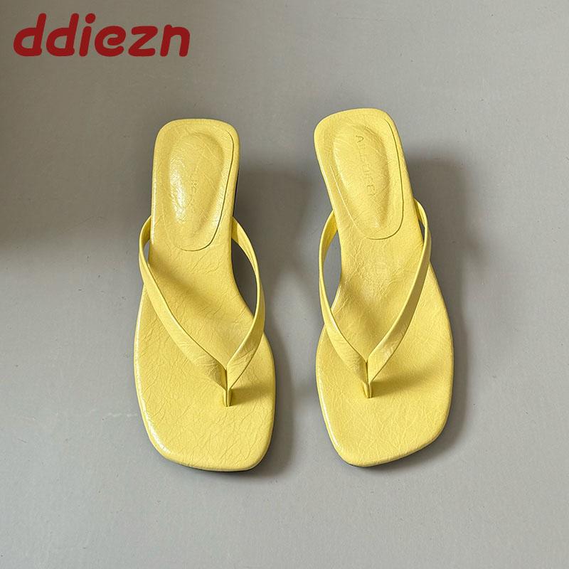 Fashion Fashion Square Toe Women 4CM Heels Slippers Slides Sandals Summer Casual Female Flip flops Ladies Thin Heel Slippers Shoes Pumps