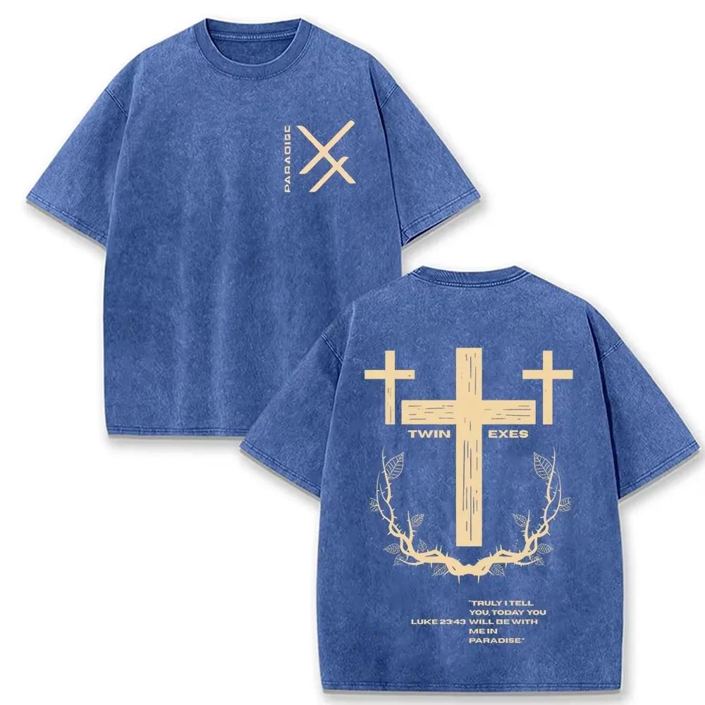 Retro Acid Wash Oversized Tee Christian Cross Paradise Letter Graphic Casual Men Women Streetwear T Shirt
