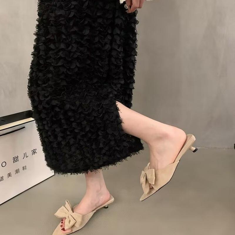 New Butterfly Knot Slipper Fashion Pointed Toe Slip On Ladies Elegant Sandal Thin Low Heel Peep Toe Slides Shoe Pumps Dress