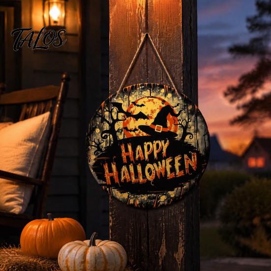 Wooden Witch Front Door Decor Halloween Hanging Sign, 8" Round Autumn Forest Gift for Friends Witches Rustic Holiday Sign Home Porch Decoration