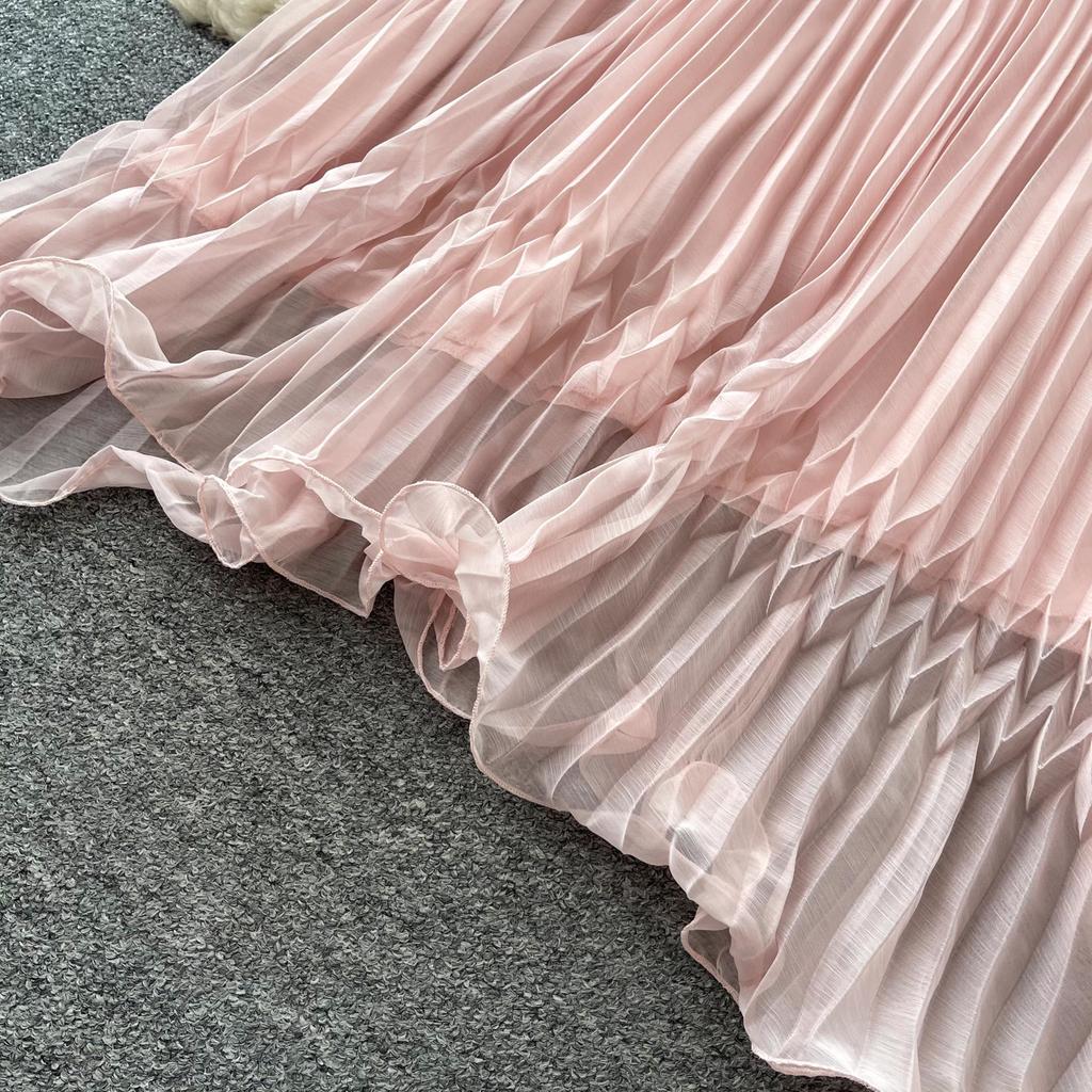 French Neck Sleeveless Sweet Age Reduction Pleated Dress Female Summer High Waist Cake Dress Fairy Vacation Style Long Dress