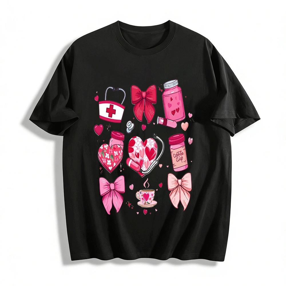 Valentine Nurse Print Top Bow Coffee Cup Graphic Casual Tee Pure cotton T-shirt XXS