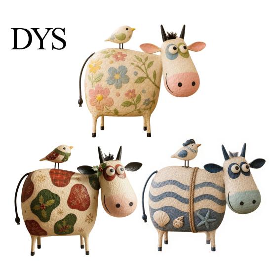 Rustic Farmhouse Shelf Decorations Creative Cow Sculpture with Bird, Resin Animal Figurine, Pastoral Statue, Gifts for Housewarming Artistic Tabletop