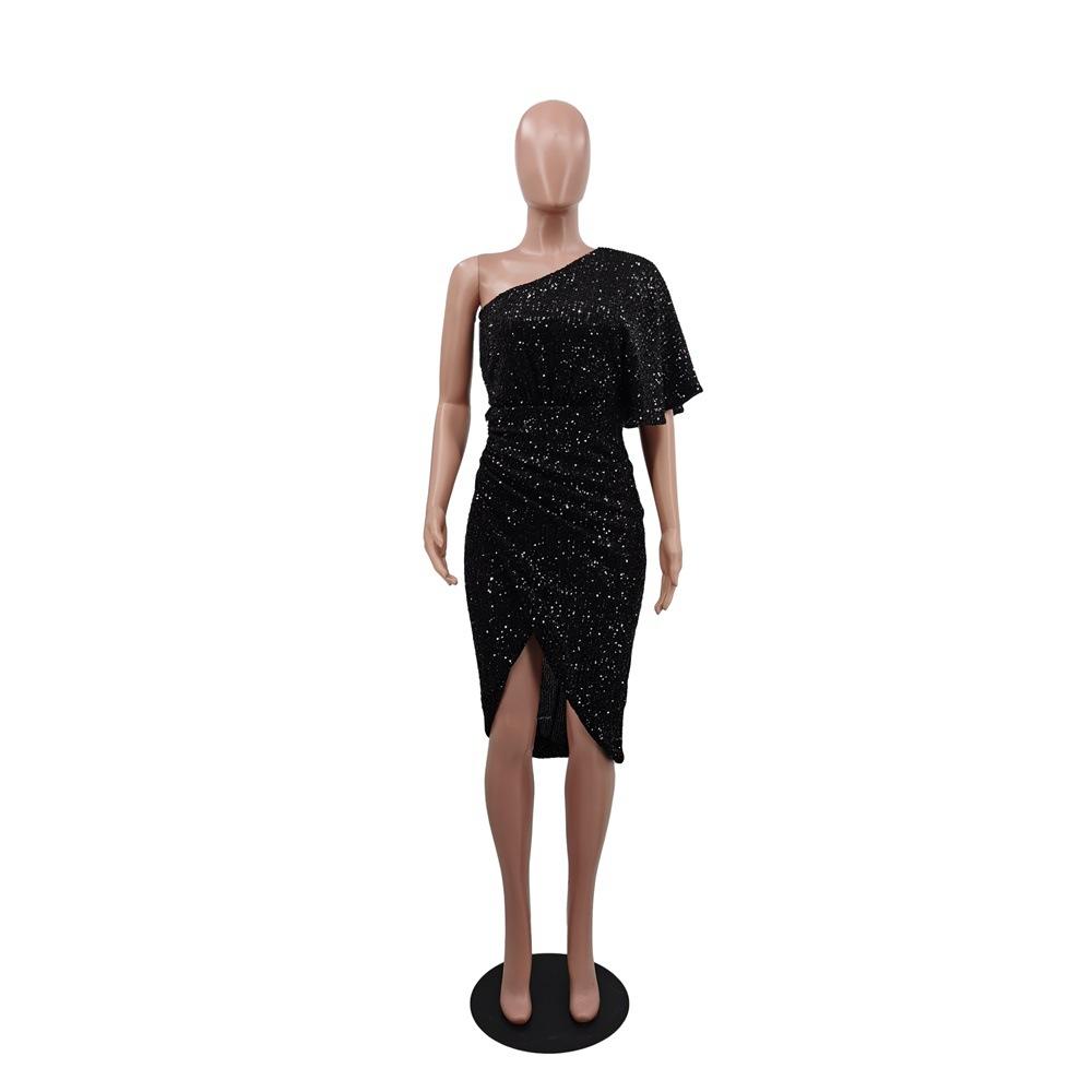 Solid Colour Evening Dress Sequins Strapless Sexy Elegant Mid-waist Women's Dress