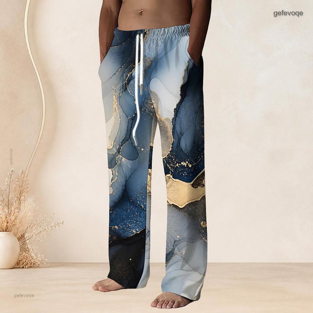 Men S Plus Size Drawstring Waist Blue Gold Marble Printed Straight Leg Full Length Beach Pants With Pockets