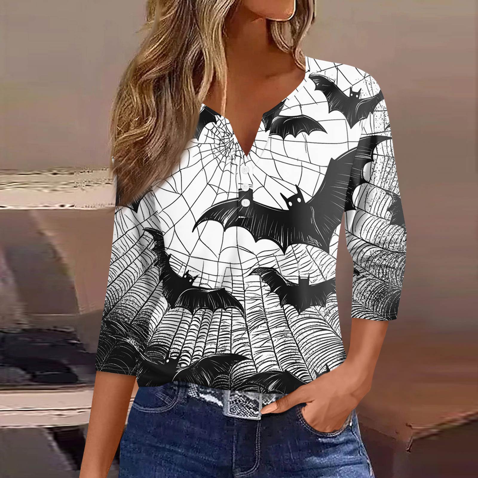 

Женская модная повседневная футболка с V-образным вырезом, рукавами семь, напечатанным на пуговицах XL