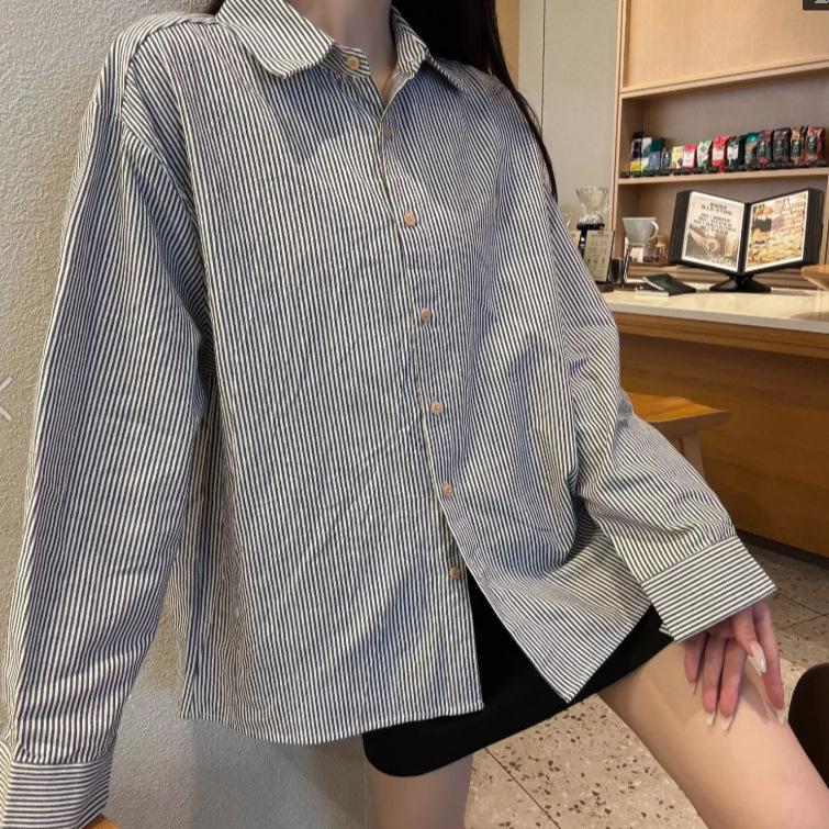 Women's Retro Striped Long Sleeve Lapel Shirt - Casual, Loose Fit for Spring and Autumn