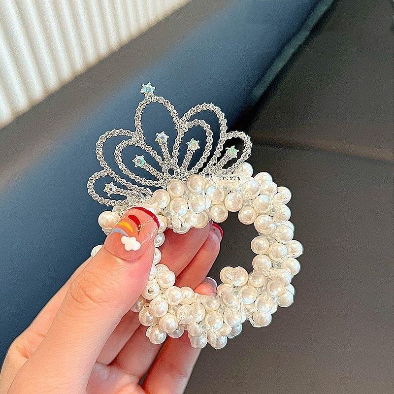 Baby Girls Fashion Pearl Crown Princess Hair Bands Elastic Rubber Bands Children Ball Hair Bun Ties Hair Styling Accessories
