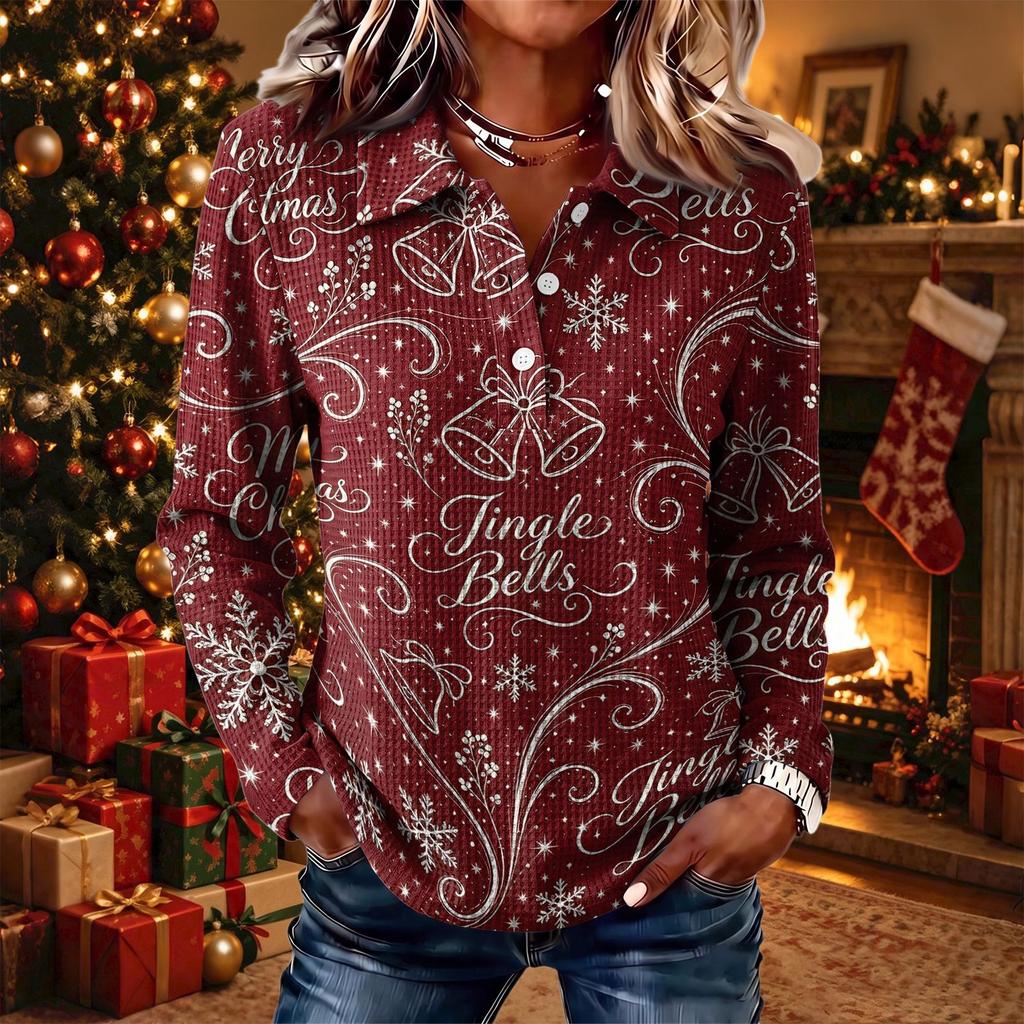 Women's Fashion Casual Christmas Print Knit Long Sleeve Button-Up Collared Top