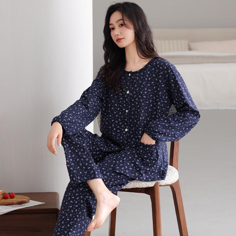 Pajamas Women's Spring and Autumn Cotton Long-sleeved 1011 New Autumn and Winter Middle-aged Mother Casual Large-size Loungewear Set