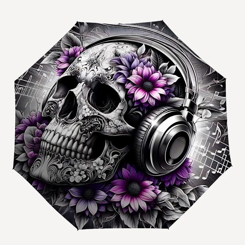 Skull,Music Automatic Folding Umbrella Compact 8 rib Design,Unique Style,Suitable for Everyday Outdoor Use,Perfect Gift for Friends an
