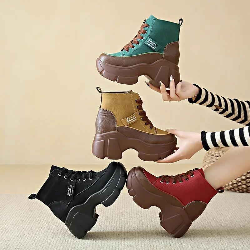 Moda Sola grossa Retro Ankle Boots Mulheres Moda Inverno Feminino Aumento Casual Lace Up Wedge Plataforma Botas Curtas Zapatillas Mujer2024