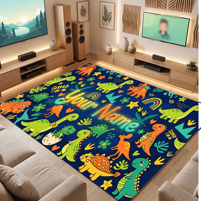 Dinosaur Theme Soft Crystal Velvet Rug Custom Name & Text Print Non Slip Floor Rug for Bedroom Living Room