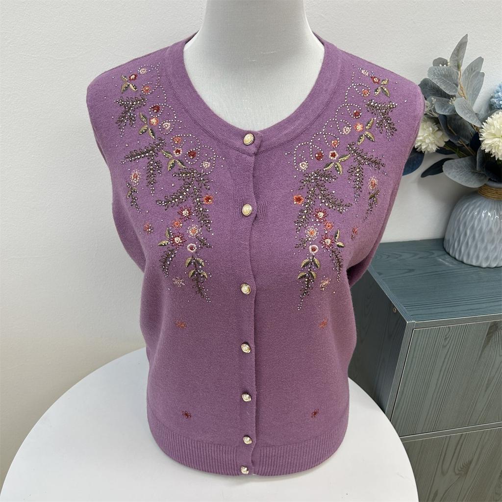 Women's Crew Neck Wool Cardigan Autumn/Winter Loose Fit with Rhinestone Embroidery Knit Cardigan Top