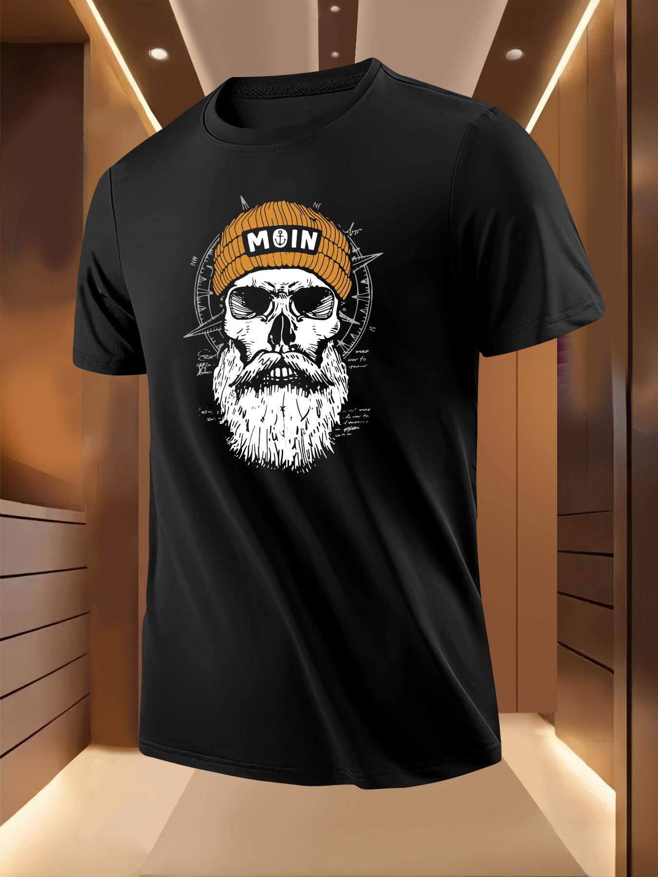 Skull Beanie Graphic Print Tshirt - Black Casual Short Sl... XXXL