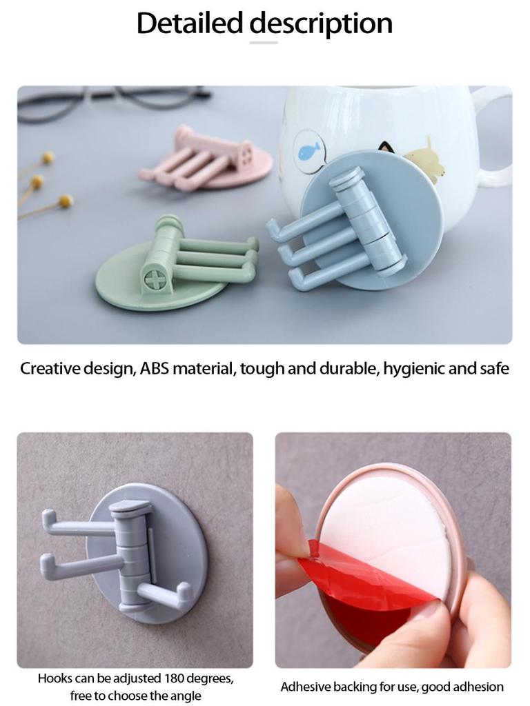 Rotatable Adhesive Wall Hook Rack for Kitchen and Bathroom with Multiple Hooks