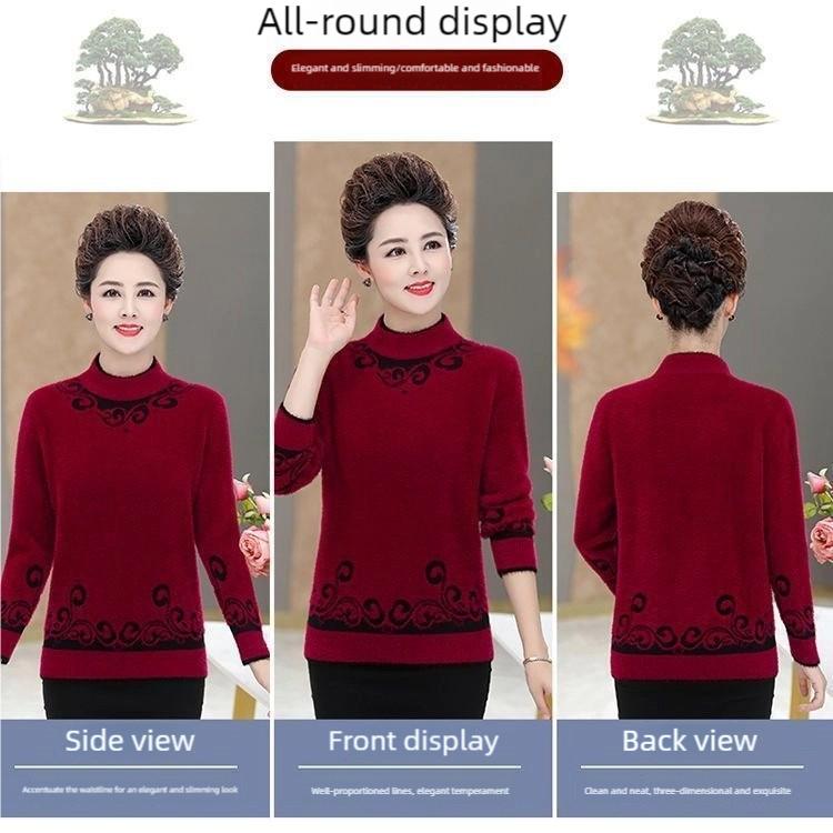 Women's Fleece Sweater Autumn Winter Thick and Warm Printed Plus-Size Sweater Loose Stretch Knit Pullover Top