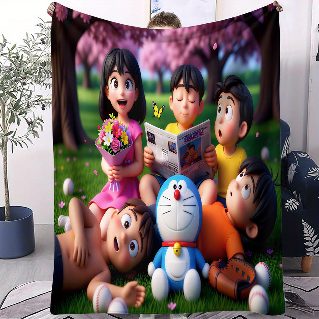 Doraemon Japanese Anime Small Cover Blanket Plush Cozy Sofa Throw Blanket Novelty Warm All Season Blanket For Dorm Bedroom Gift