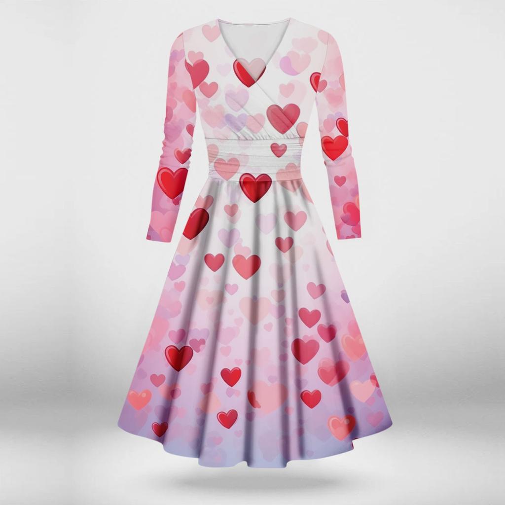 Women's Fashion Casual Valentine's Day Printed Long Sleeve V-Neck Sexy Dresses