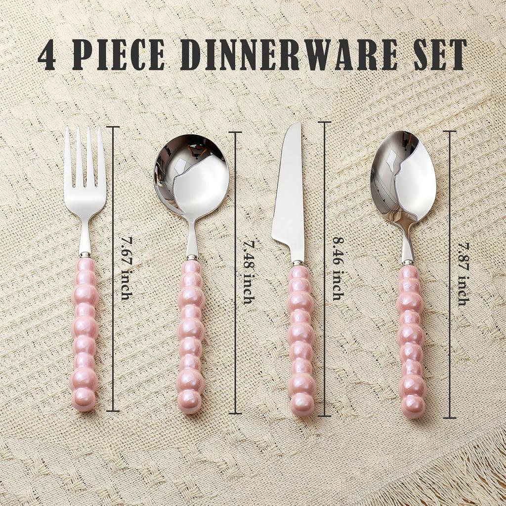 4-Piece Cutlery Set, Stainless Steel Flatware Sets with Chubby Bubble Pattern Ceramic Handle Utensils Including Knife Fork Spoon