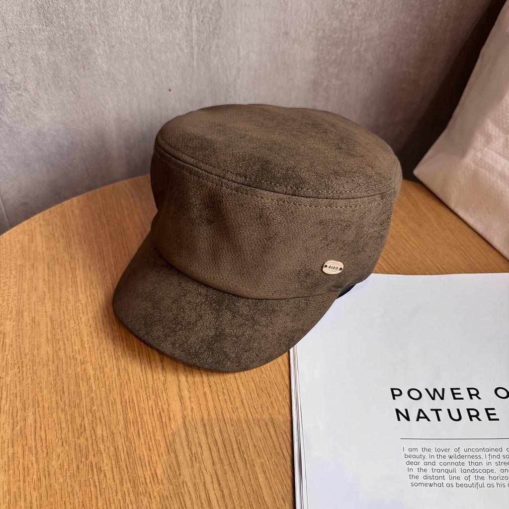 Simple Solid Color Gold Logo Decor Women Casual Suede Beret Hat Fall For