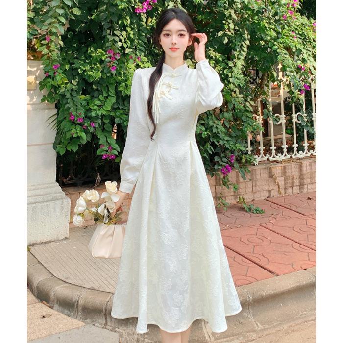 Элегантное весенне-осеннее длинное платье в китайском стиле - Женское больших размеров стройнящее Ципао S абрикосовый