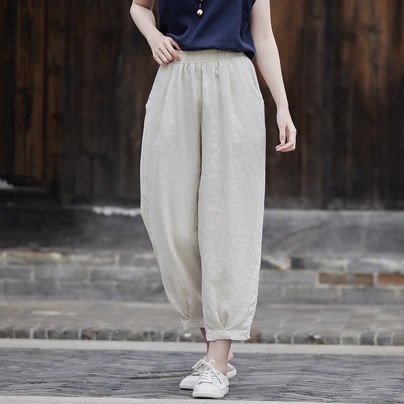 Johnature Women Cotton Linen Solid Color Straight Pants Elastic Waist Pockets Autumn Casual Pants Soft Fall Trouser