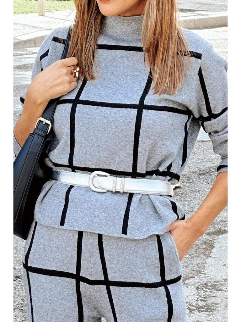 2024 Fall/Winter Women's Solid Color Plaid High Neck Long Sleeve Top & Long Pants Set