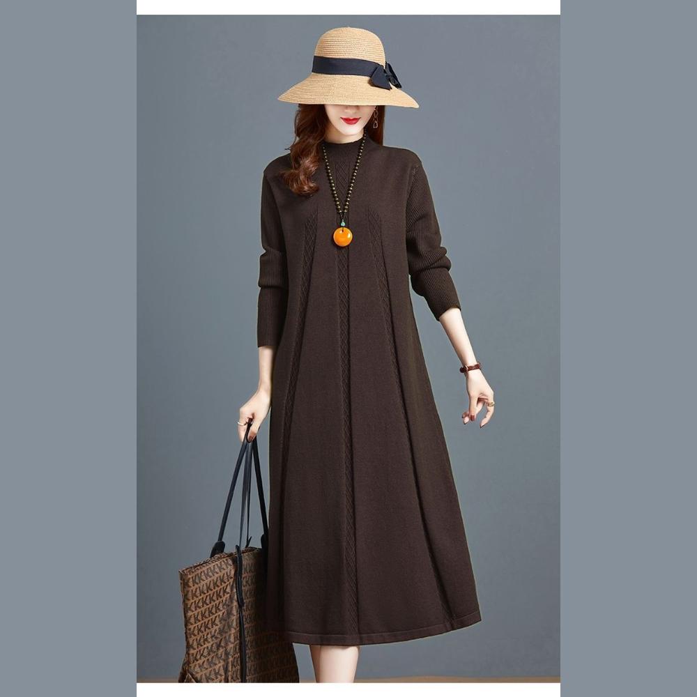 Long Knee-length Knitted Dress for Women In Autumn and Winter Solid Color Loose Plus-size Sweater Dress Half Turtleneck Sweater A-line Dress