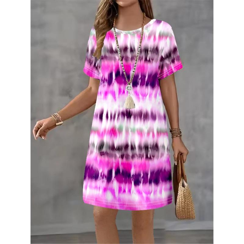 

Ladies Summer Striped Gradient Printed Short Sleeve Round Neck Dress Fashion Design Elegant Temperament Women Mini Casual Dress S