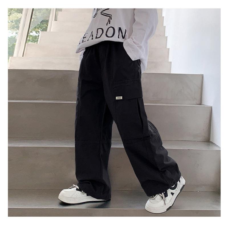 Boys Solid Color Cotton Casual Cargo Pants Spring Autumn Loose Long Trousers For Big Kids