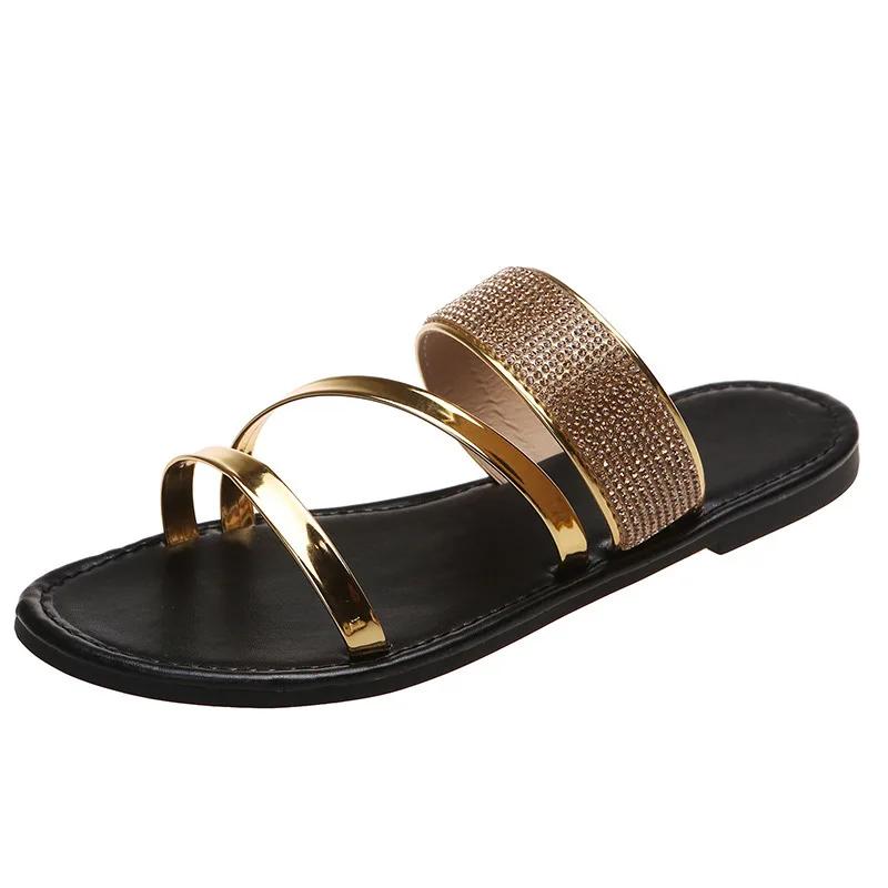 Fashion Summer New Women's Fashion Gold Silver Patent Leather Flat Heel Sandals Bling Rhinestone Narrow Band Beach Casual Slippers2025