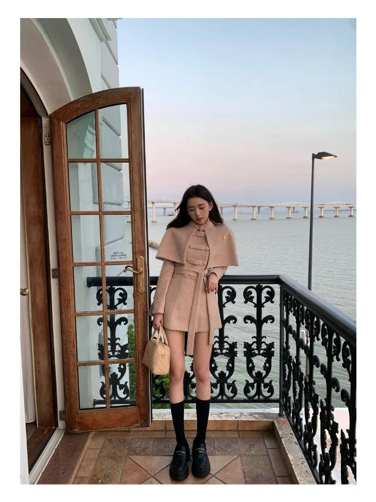 2025 Winter Französisch Vintage Elegant Wollmantel Frau Schwarz Schick Schal Umhang + Retro Locker Trenchcoat Damen Bandage Korea Modedesign Outfits