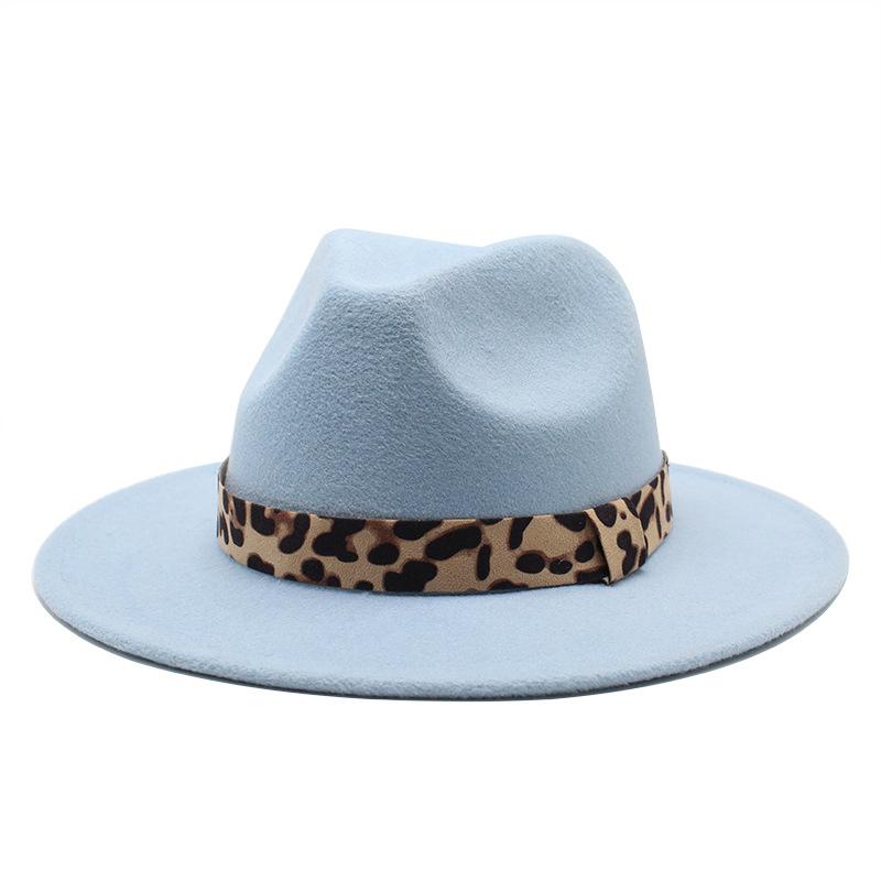 Woolen Top Hat Leopard Print Solid Color Hat Women'S Flat-Brimmed Big-Brimmed Jazz Hat 22 Colors