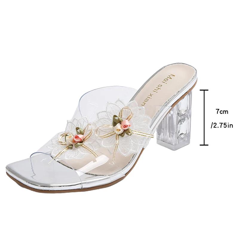 Fashion Fashion Flower Decor High Heels Slippers Women Summer Square Toe Crystal Heeled Sandals Woman Transparent Pvc Party Dress Shoes