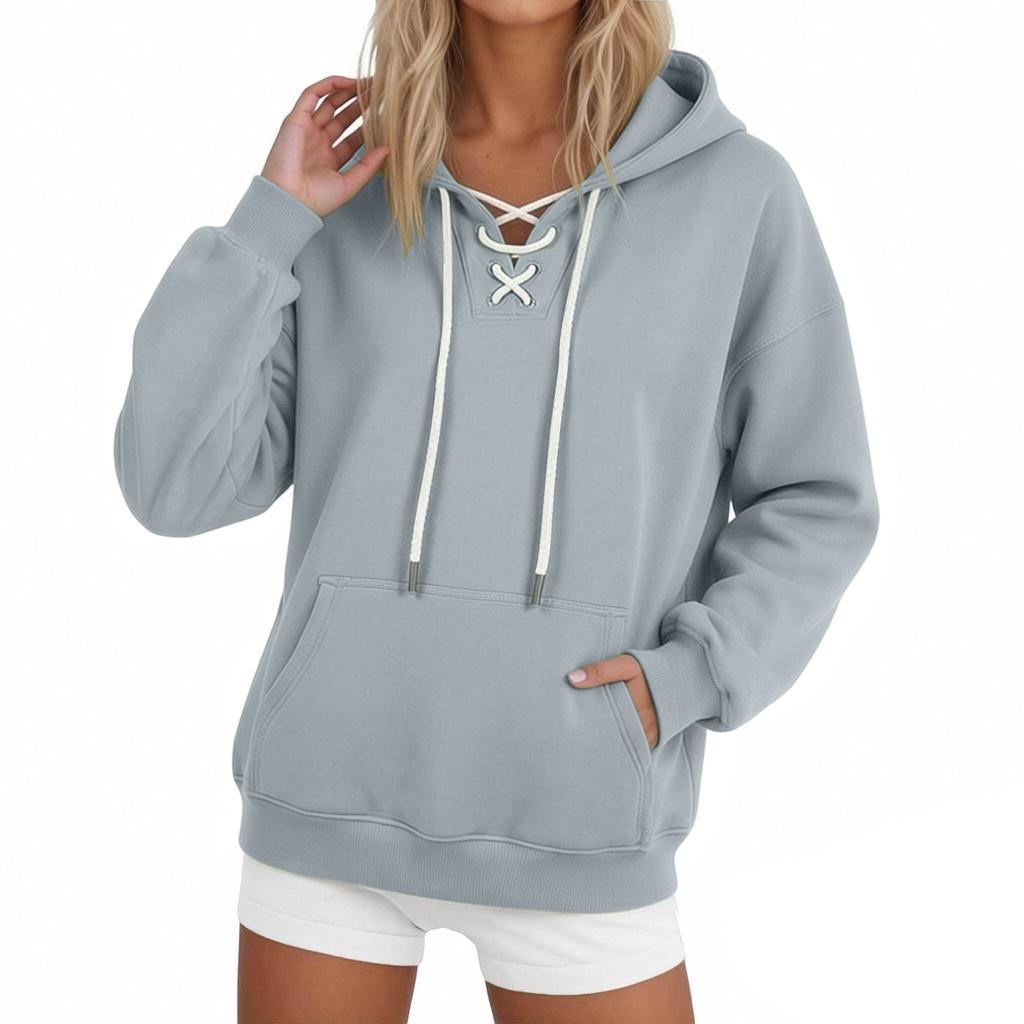 Women's Color Hoodie, Loose Fit Cross V-Neck Sweatshirt