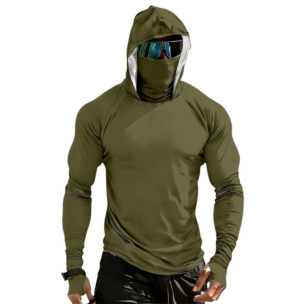 Men’s Long Sleeve Hooded Shirt with Face Cover Lightweight Breathable Athletic Pullover for Outdoor Sports Activities