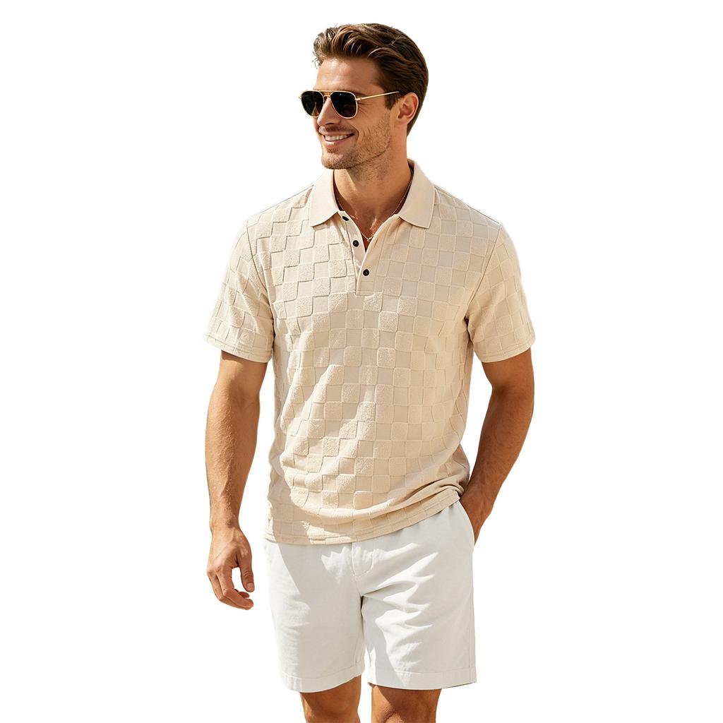 Men's Summer Jacquard Polo Shirt Heavyweight Casual Short Sleeve T Shirt with Checkered Pattern and Classic Collar Design