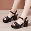 Soft Leather High-heeled Sandals Women's 2025 Summer New Mid-heel Thick Heel One-word Buckle with Fish Mouth Mother Shoes Fashion Women's Shoes