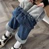 Damen High Waist Weiter Bein Fleecegefüttert Jeans Locker Geschnitten Minimalistisch Gerade Winter Jeans