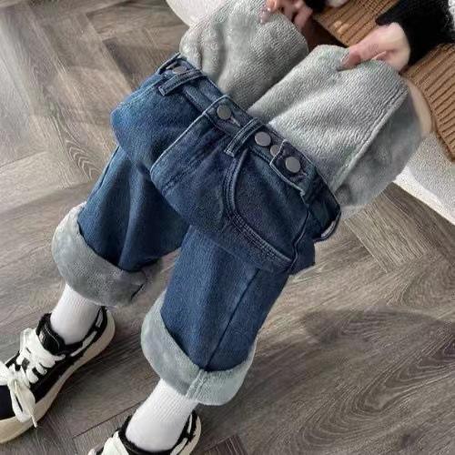 Damen High Waist Weiter Bein Fleecegefüttert Jeans Locker Geschnitten Minimalistisch Gerade Winter Jeans