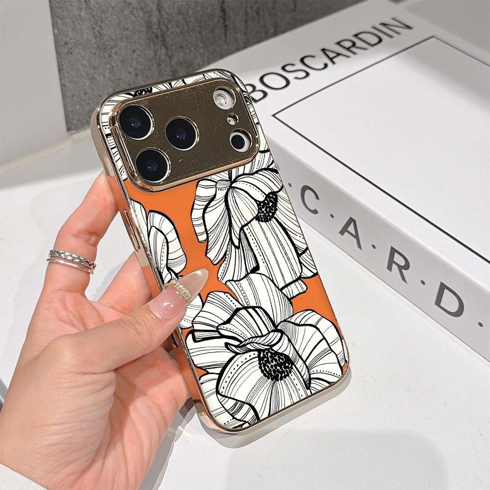 Lucky Start Phone Case For iPhone 17 16 15 14 13 12 11 Pro Max 16E Gold Electroplated glass shell  Orange Flowers Cover