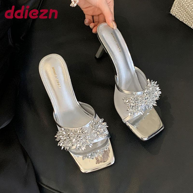 Fashion Fashion Luxury Rhinestones Women Thin Heels Pumps Shoes Slip On Footwear Ladies High Heels Shoes Female Slides Sandals