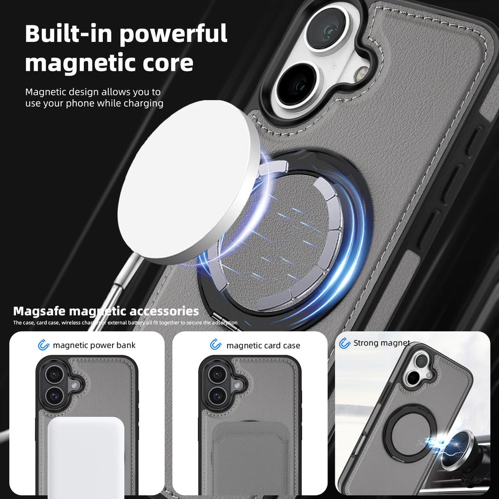 For iPhone 16 Magnetic Case Rotate Ring Kickstand PU Leather+PC+TPU Back Cover