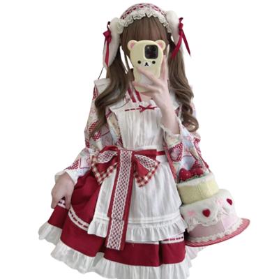 Uccellino Gothic Japanese Maid Outfit with Moe Lolita Kimono Halloween Cosplay Size Ribbon, Sleeves, Apron, (Red, XL)
